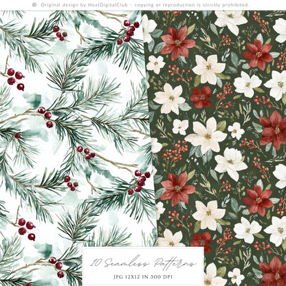 Winter Pomegranate - Seamless Patterns, Holiday Christmas, Fruit, Rustic | 10 JPEG