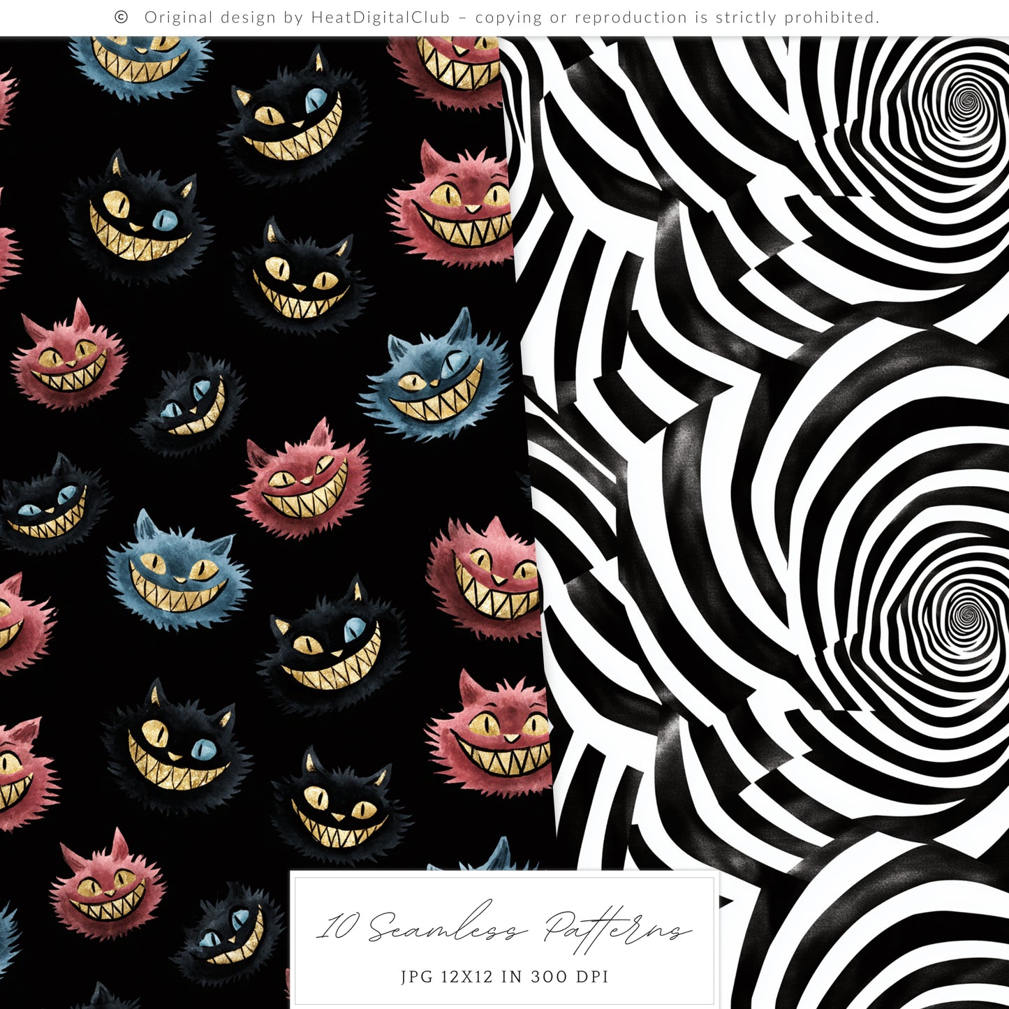 Haunted Alice - Seamless Patterns, Gothic Wonderland Halloween, Roses, Skulls | 10 JPEG
