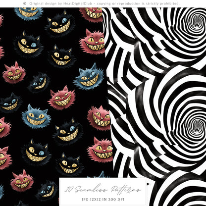 Haunted Alice - Seamless Patterns, Gothic Wonderland Halloween, Roses, Skulls | 10 JPEG