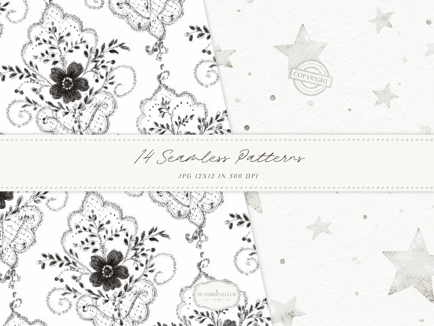 Day & Midnight - Seamless Patterns, Romantic Ivory Dark Floral Patterns, Velvet, Lace, Stars and Peony | 14 JPEG