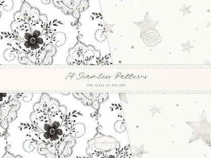 Day & Midnight - Seamless Patterns, Romantic Ivory Dark Floral Patterns, Velvet, Lace, Stars and Peony | 14 JPEG