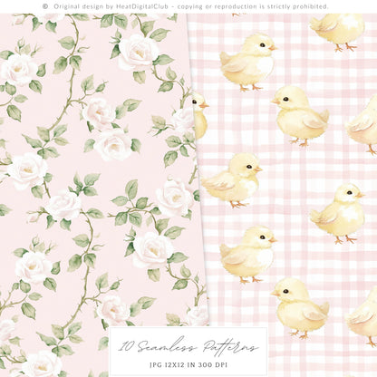 Lovely Farm - Seamless Patterns, Pink Gingham Strawberry, Pastel Country | 10 JPEG