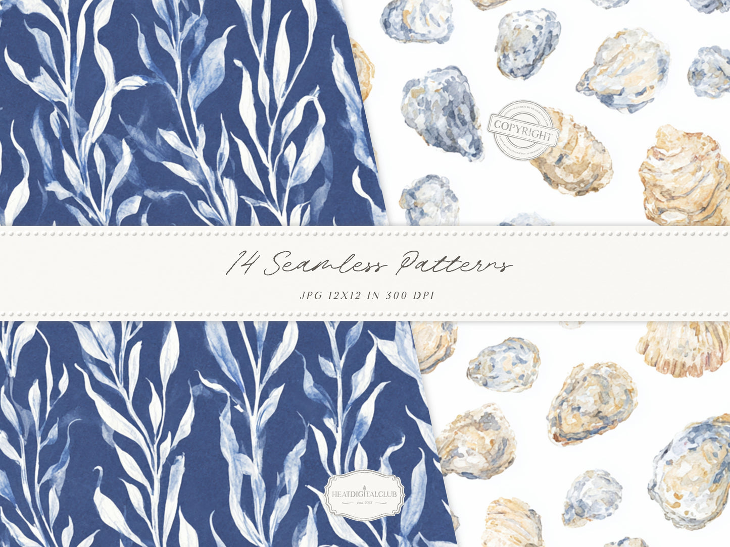 Cold Shore - Navy Seamless Patterns, Blue Stripe Coastal Design, Nautical Shell & Wave | 14 JPEG