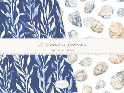 Cold Shore - Navy Seamless Patterns, Blue Stripe Coastal Design, Nautical Shell & Wave | 14 JPEG