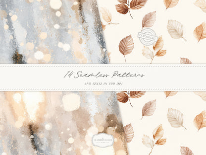 Gentle Fall - Seamless Patterns, Neutral Autumn Patterns, Cozy Watercolor Patterns, Rainy Autumn | 14 JPEG