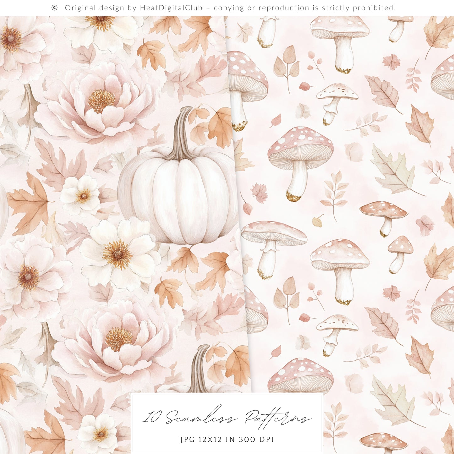 Falling Pretty - Seamless Patterns, Autumn, Pink Pumpkins | 10 JPEG
