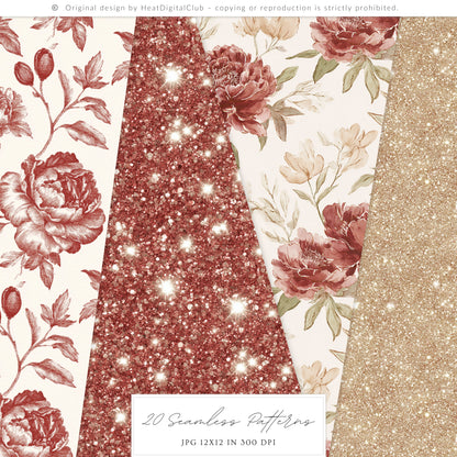 Cherry in Love - Valentine' Day Seamless Patterns, Romantic Love, Hearts Floral, Gingham | 20 JPEG