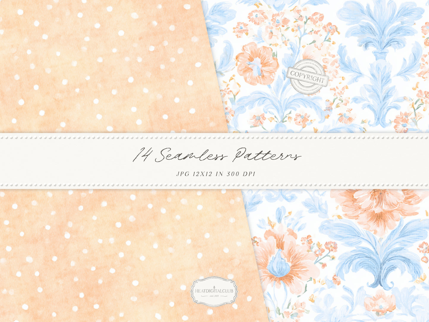 Modern Cinderella - Seamless Patterns, French Blue Floral, Hydrangea, Damask, Stripe, Gingham, Romantic | 14 JPEG