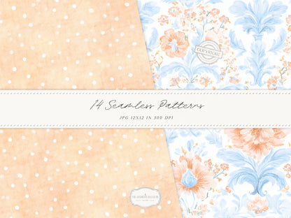 Modern Cinderella - Seamless Patterns, French Blue Floral, Hydrangea, Damask, Stripe, Gingham, Romantic | 14 JPEG