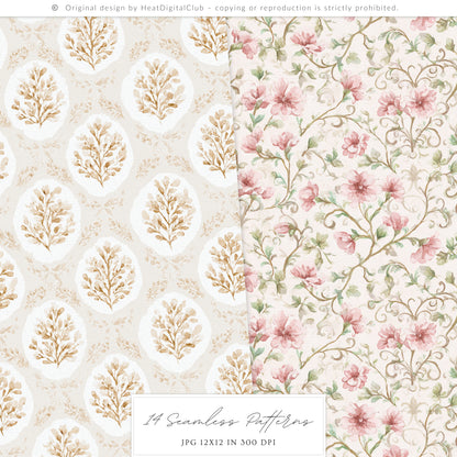 Spring Journey - Seamless Patterns, Tartan, Florals, Elegant Watercolor Pattern | 14 JPEG