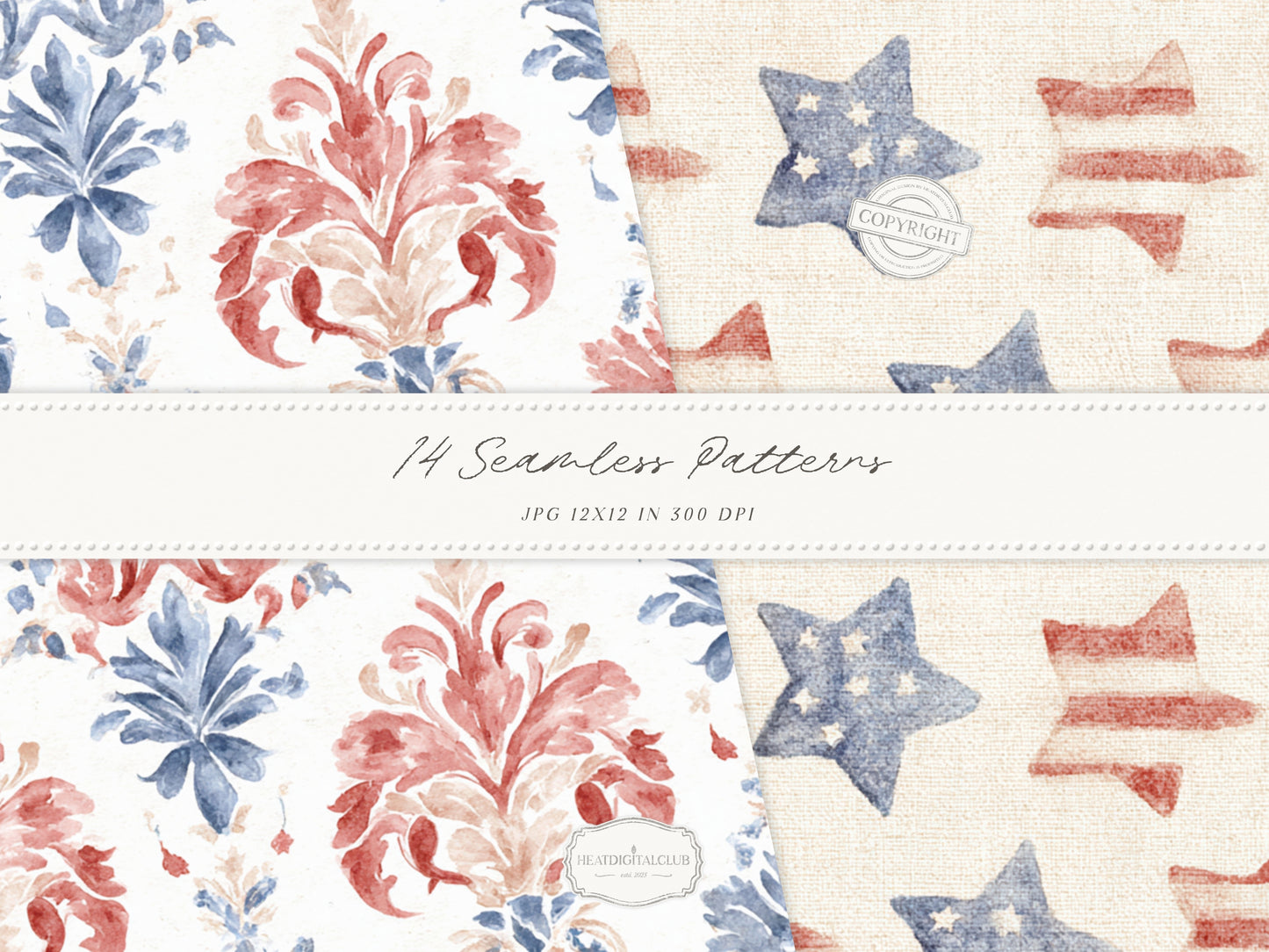 Quiet Americana - Seamless Patterns, Patriotic, 4th of July, Vintage Floral Stripe Quilt, Soft Red Blue Patterns | 14 JPEG