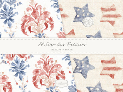 Quiet Americana - Seamless Patterns, Patriotic, 4th of July, Vintage Floral Stripe Quilt, Soft Red Blue Patterns | 14 JPEG