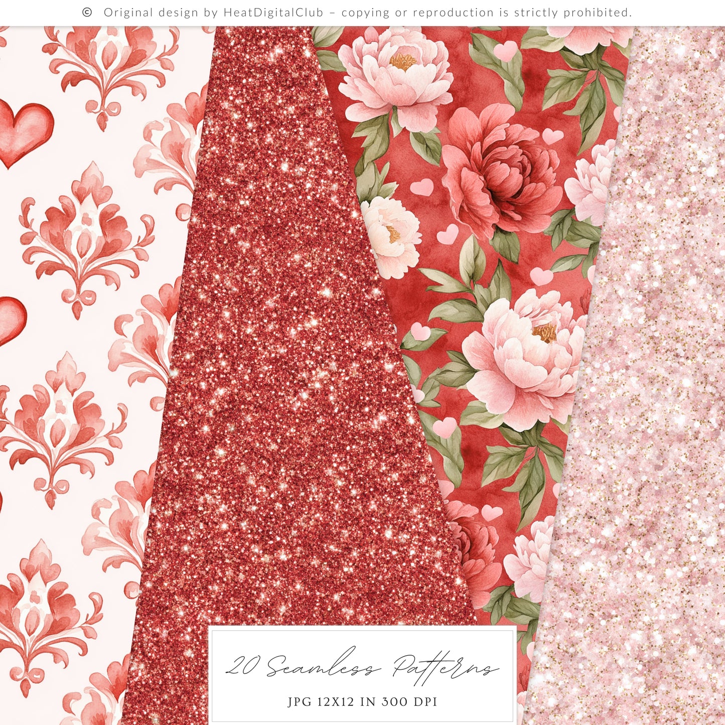 Heart to Heart - Valentine' Day Seamless Patterns, Red & Pink Romantic Love, Hearts Roses | 20 JPEG