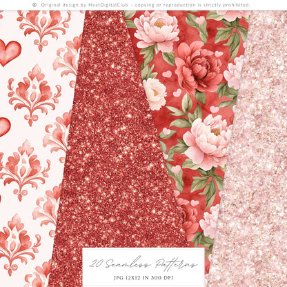 Heart to Heart - Valentine' Day Seamless Patterns, Red & Pink Romantic Love, Hearts Roses | 20 JPEG