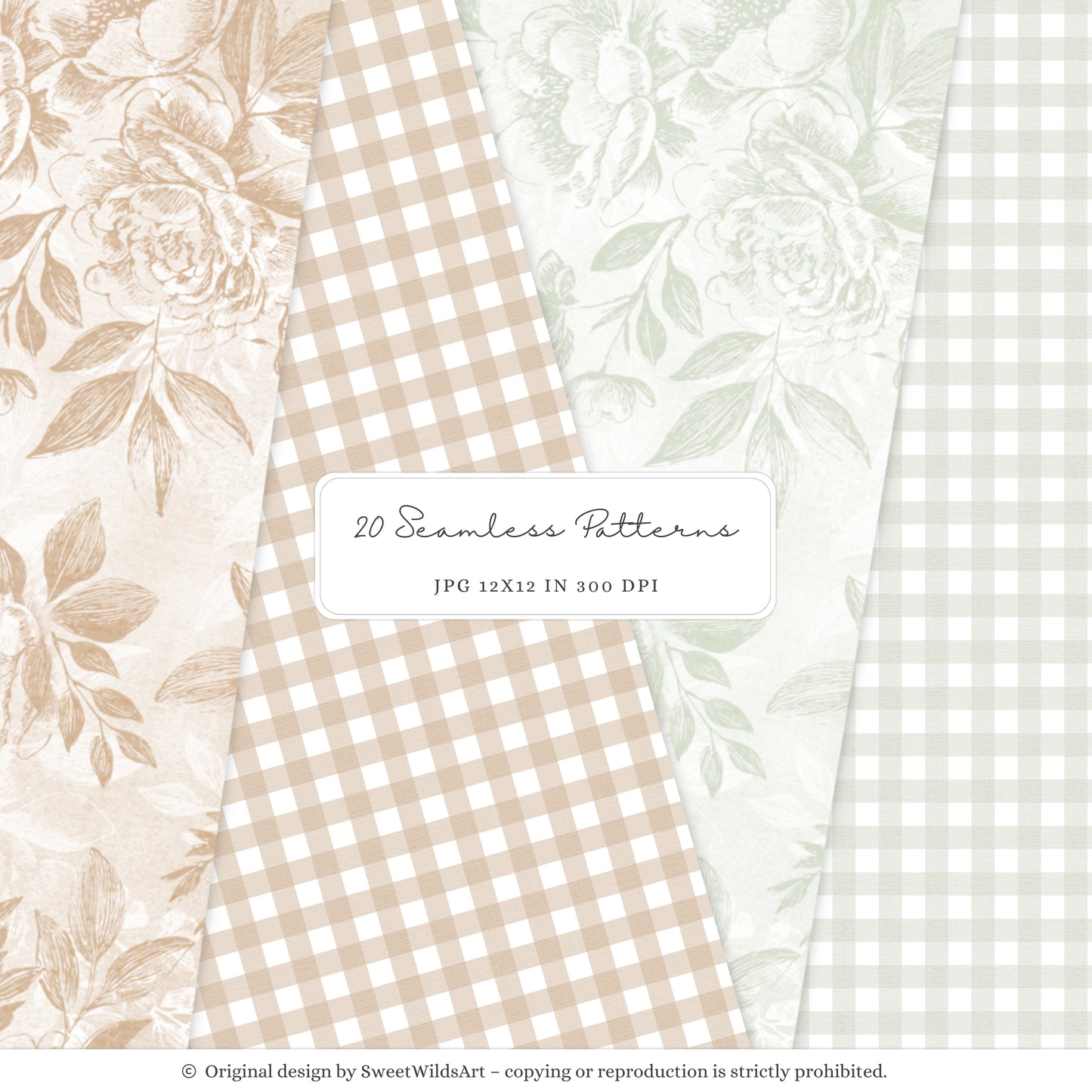 Cottage Classics - Seamless Patterns, French Countryside Elegant Gingham Floral, Rustic |