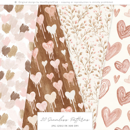 Sweet Romance - Seamless Patterns, Valentine Baking, Pink Brown, Romantic Love | 20 JPEG
