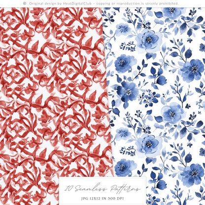 Chinoiserie Holidays - Seamless Patterns, Christmas, Tartan & Floral, Grandmillennial | 10 JPEG