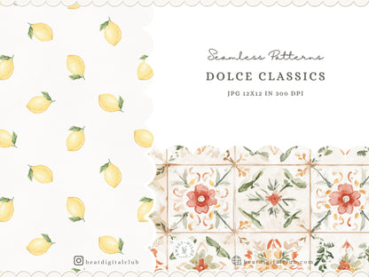 Dolce Classics - Italian Seamless Patterns, Italian Lemon Tile, Dolce Vita Backgrounds, Gingham Stripe | 14 JPEG