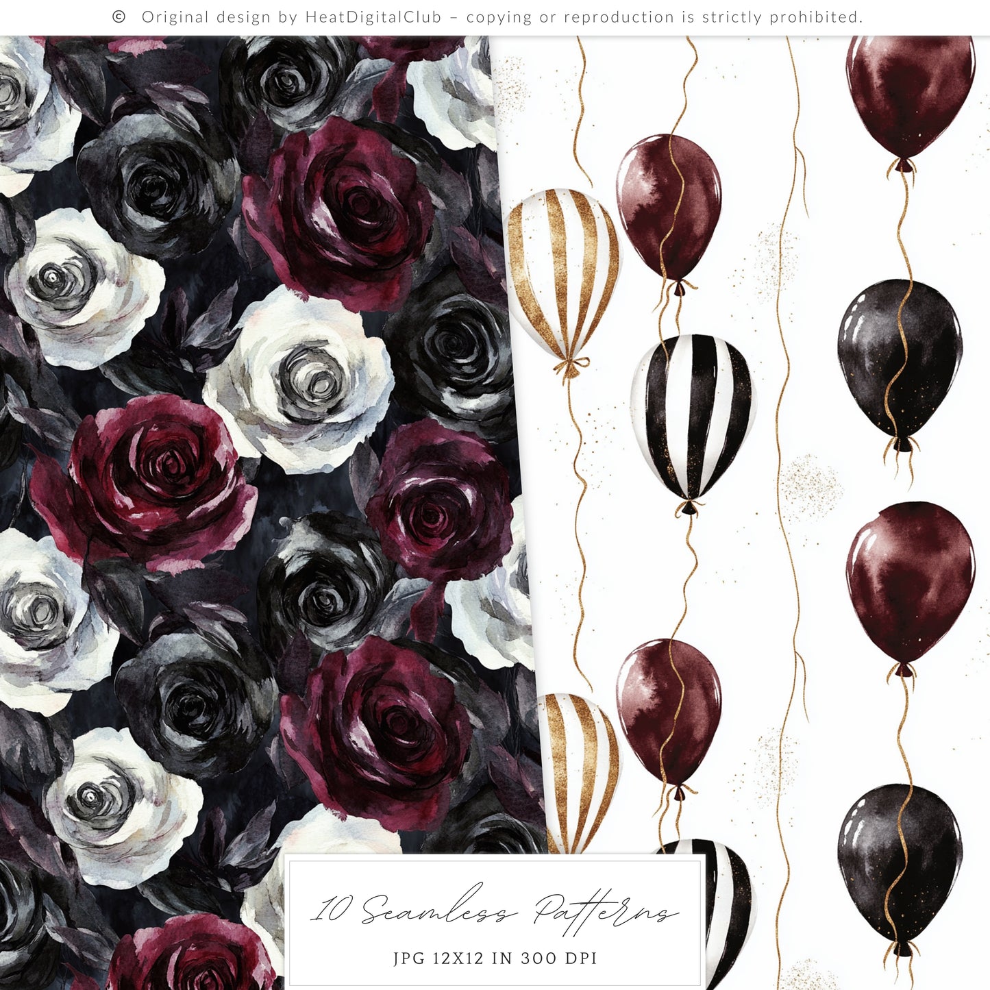 Dark Circus - Seamless Patterns, Gothic, Burgundy, Halloween | 10 JPEG