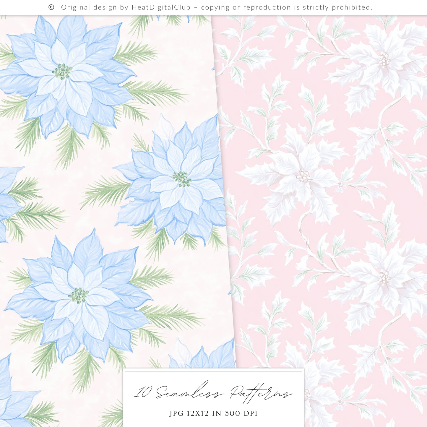 Pastel Noël - Seamless Christmas Patterns, Grandmillennial, Pink Blue Chinoiserie | 10 JPEG