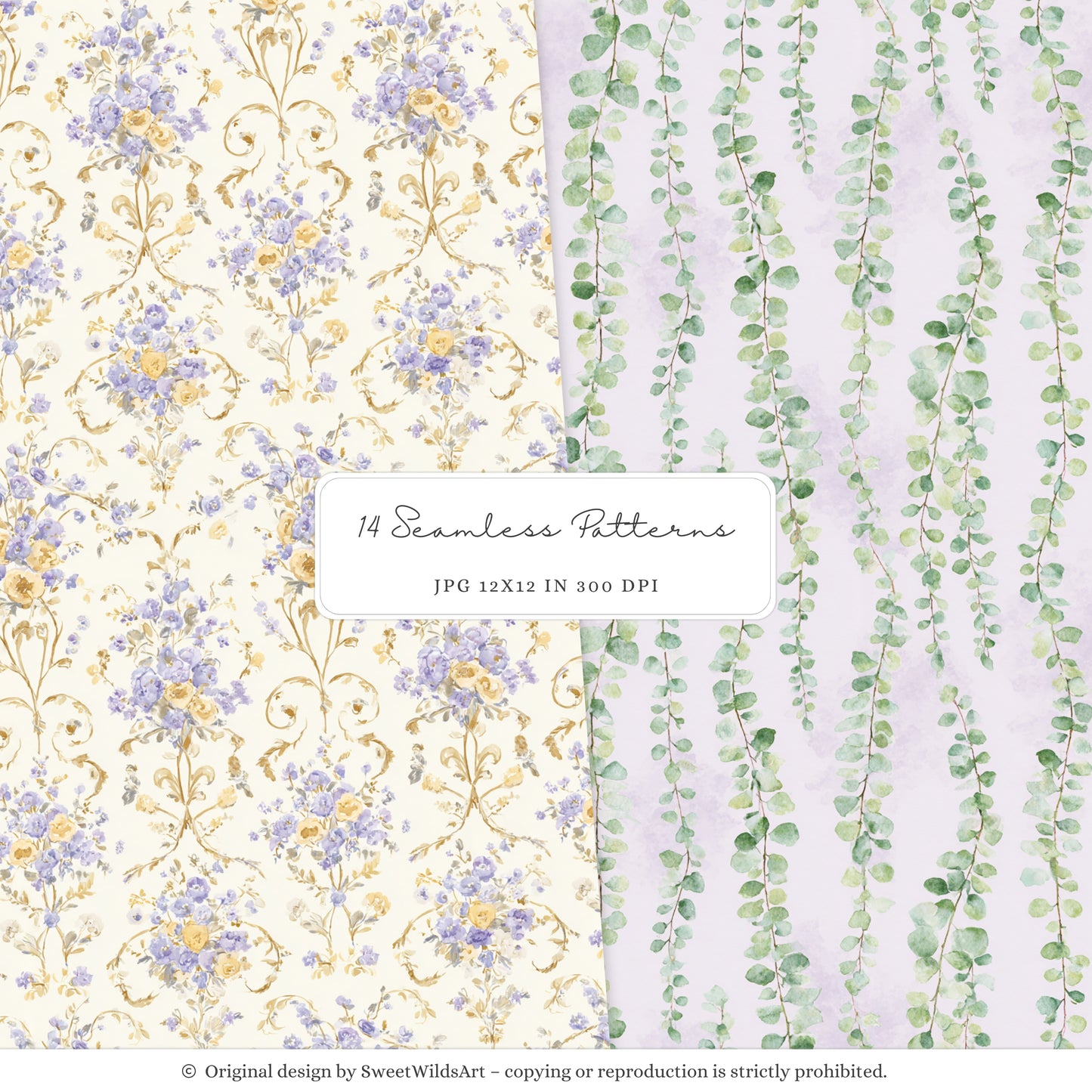 Sweet Easter - Seamless Patterns, Light Purple & Yellow Gingham, Stripes, Pastel Spring | 14 JPEG