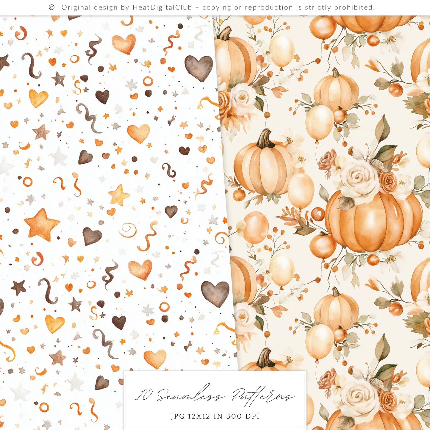 Born In Fall - Seamless Patterns, Autumn Party, Pumpkins and Balloons, Birthday | 10 JPEG