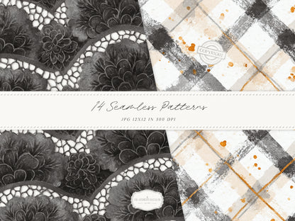 Fall After Dark - Seamless Patterns, Dark Coquette Fall, Black Lace Autumn Patterns, Moody Floral | 14 JPEG