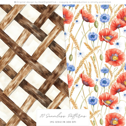 Alpine Summer - Seamless Patterns, Countryside Wildflower, Poppies | 10 JPEG