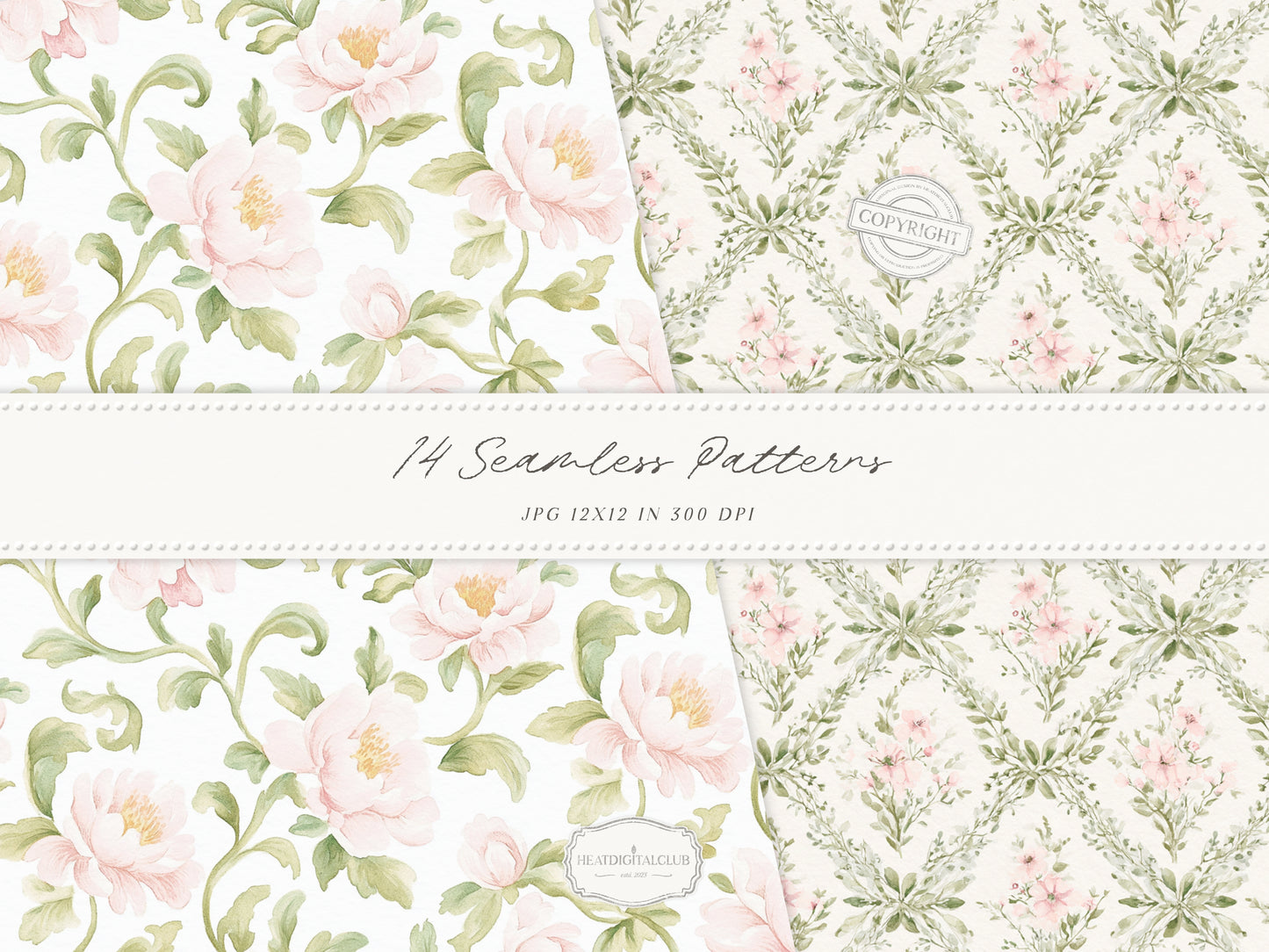 Easter Blush - Seamless Patterns, Chinoiserie Spring, Elegant Light Pink Floral | 14 JPEG