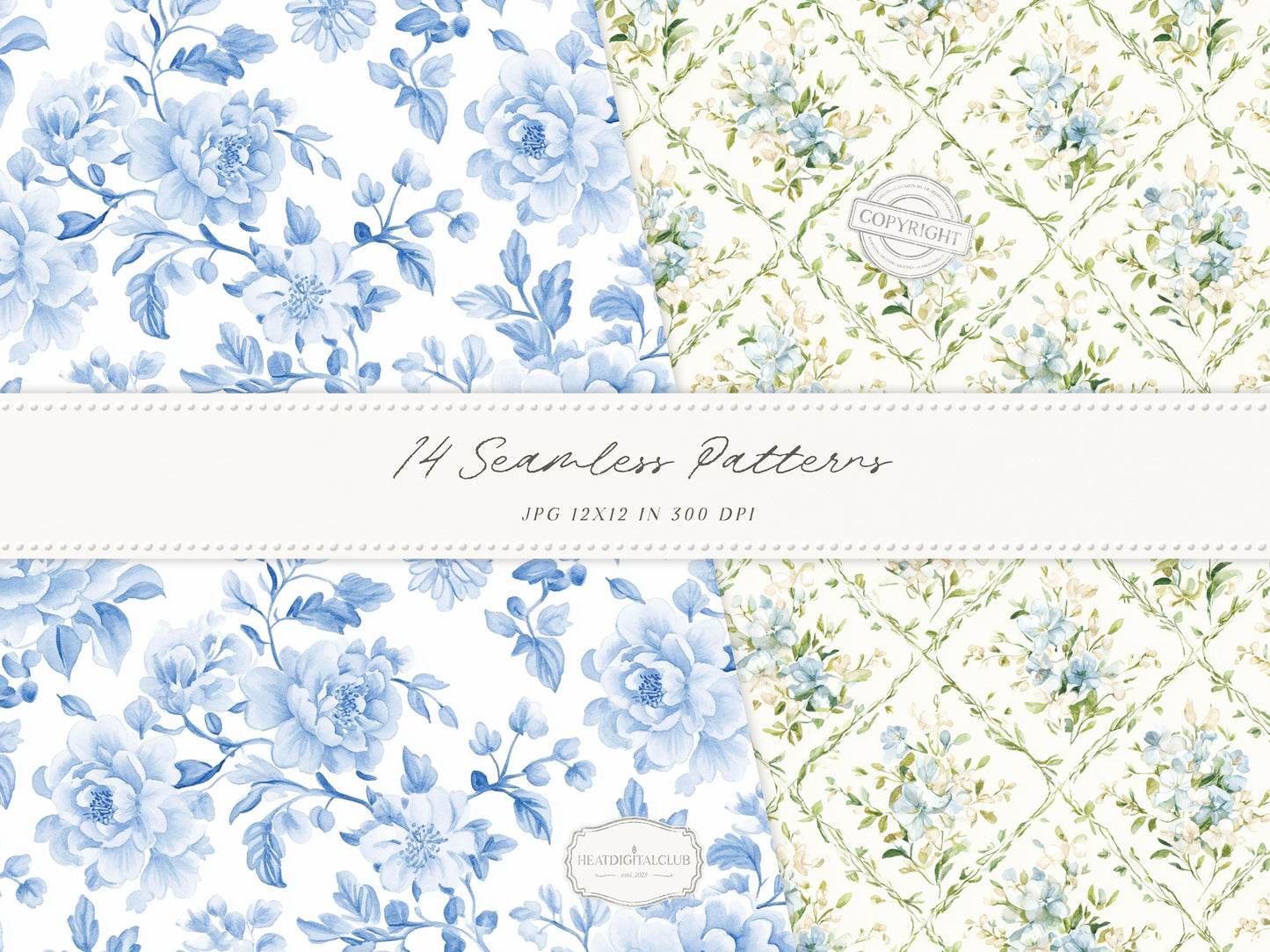 Easter Elegance - Seamless Patterns, Chinoiserie Spring, Elegant Hydrangeas | 14 JPEG