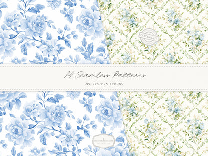 Easter Elegance - Seamless Patterns, Chinoiserie Spring, Elegant Hydrangeas | 14 JPEG