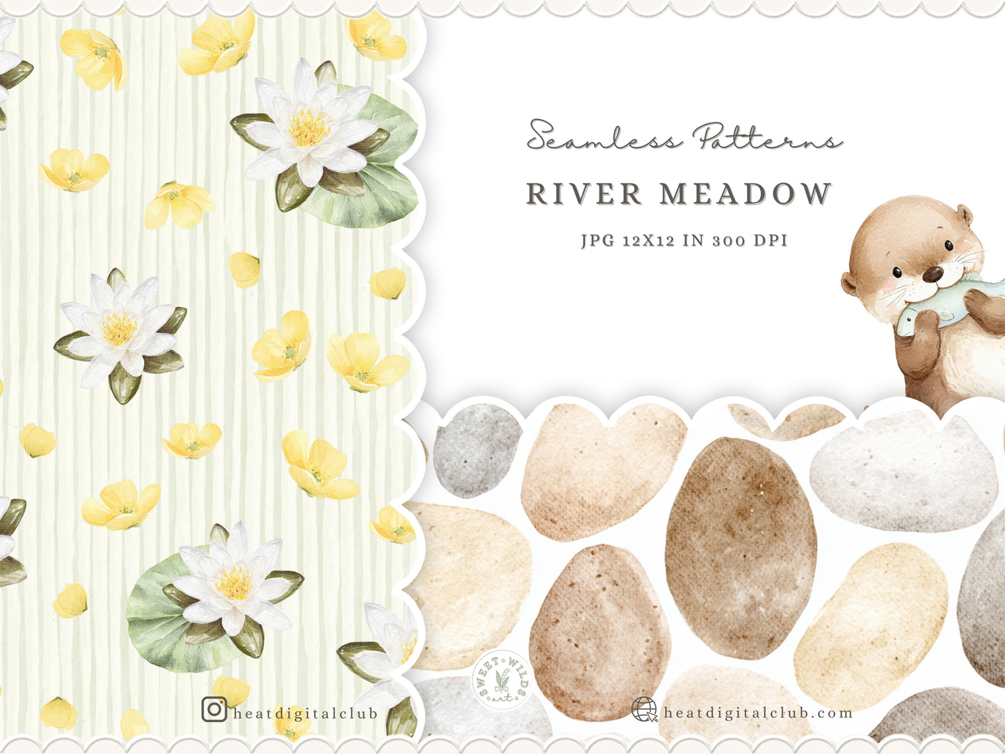 River Meadow - Seamless Patterns, Gingham, Stripes, Floral Pattern, Cottage, Summer Spring | 20 JPEG