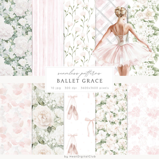 Ballet Grace - Seamless Patterns | Balletcore, Pink Flowers | 10 JPEG