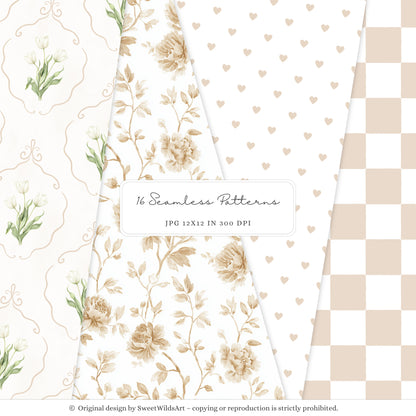 Gentle Meadow - Seamless Patterns, Spring Floral, Neutral Gingham Pattern, Pastel Papers, Nursery | 16 JPEG