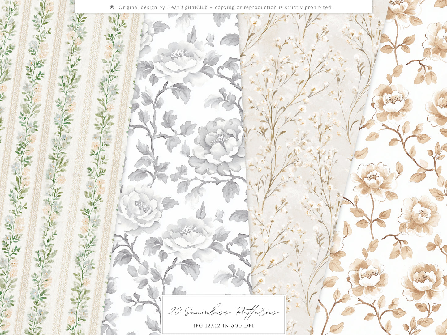Rustic Atelier - Seamless Patterns, Neutral Floral , Cottagecore, Country, French Rustic | 20 JPEG