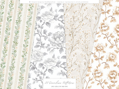 Rustic Atelier - Seamless Patterns, Neutral Floral , Cottagecore, Country, French Rustic | 20 JPEG