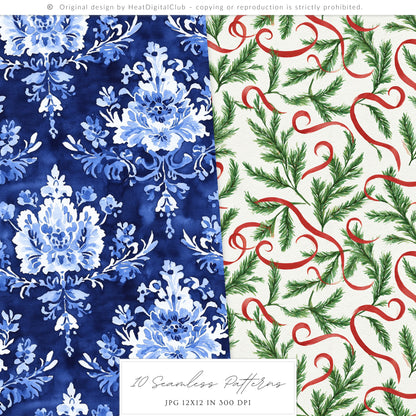 Chinoiserie Holidays - Seamless Patterns, Christmas, Tartan & Floral, Grandmillennial | 10 JPEG