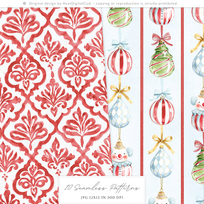 Holiday Circus - Seamless Patterns, Christmas, Red & White Stripes Pattern | 10 JPEG
