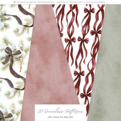 Velvet Noël - Christmas Seamless Patterns, Tartan Holiday Patterns, Elegant Winter | 20 JPEG