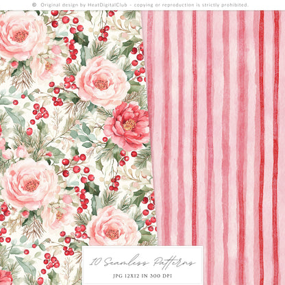 Holiday Embrace - Watercolor Seamless Patterns, Cozy Elegant Winter Christmas | 10 JPEG