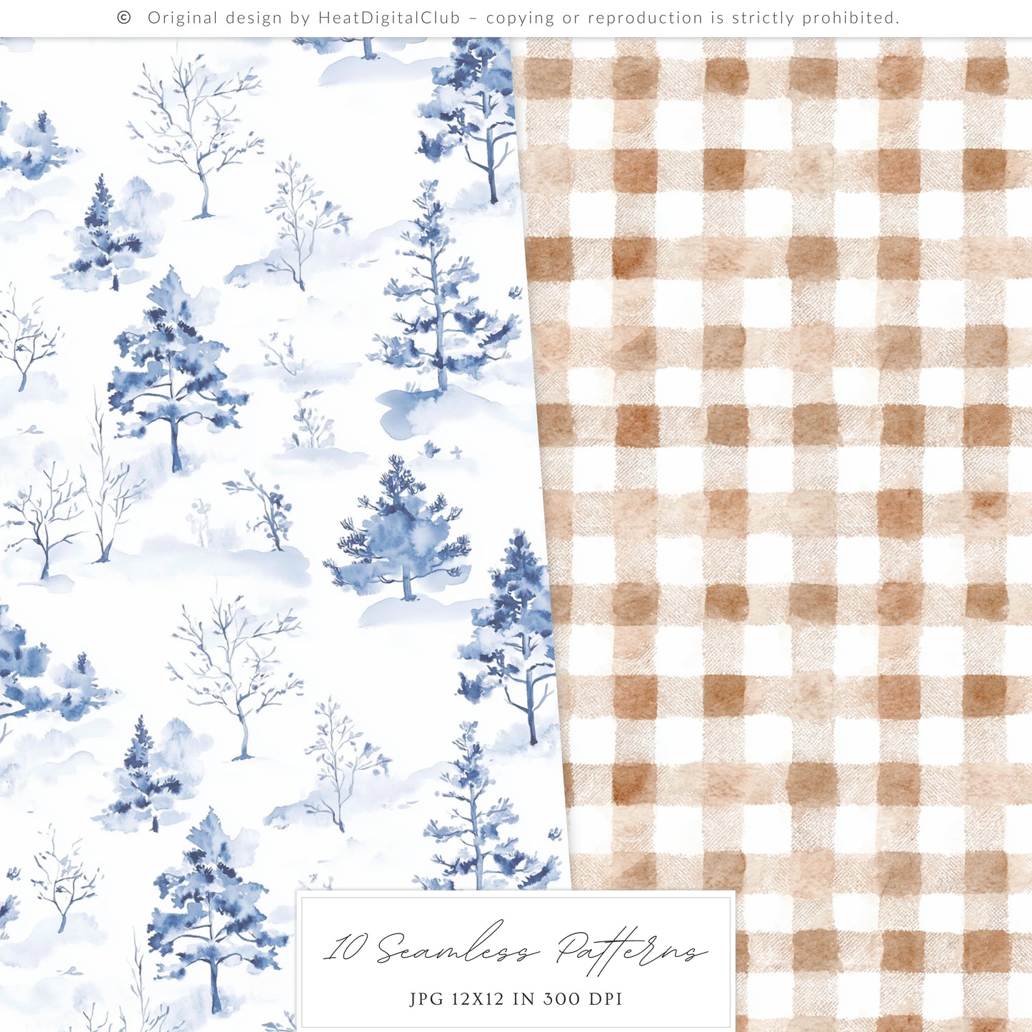 Winter Residence - Watercolor Seamless Patterns, Cozy Elegant Chinoiserie | 10 JPEG
