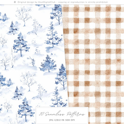 Winter Residence - Watercolor Seamless Patterns, Cozy Elegant Chinoiserie | 10 JPEG