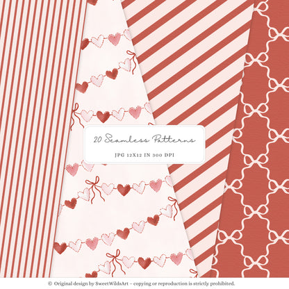Romantic Classics - Seamless Patterns, Valentine's Day, Gingham Hearts Floral, Love | 20 JPEG