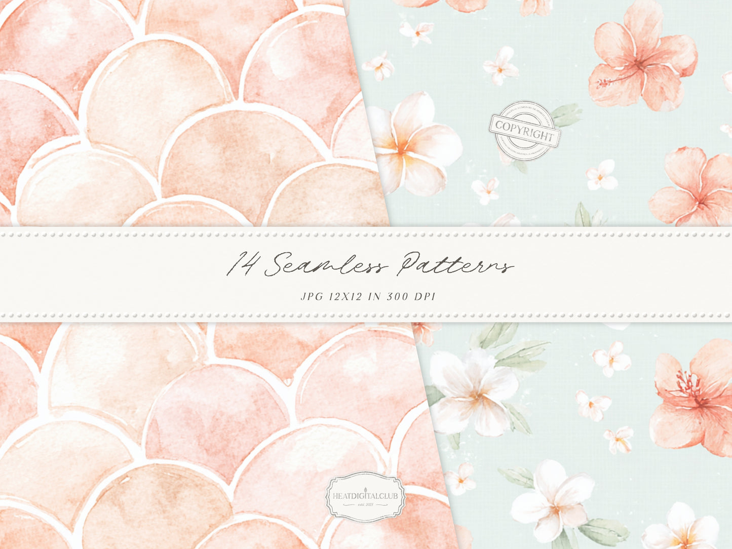 Grapefruit Breeze - Summer Seamless Patterns, Beach, Citrus, Mint Green Pattern, Coastal | 14 JPEG