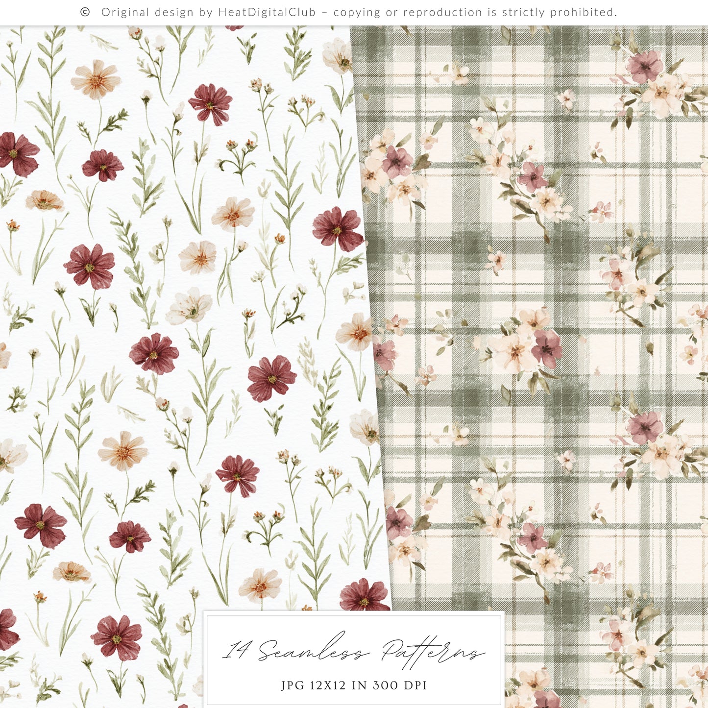 Spring Journey - Seamless Patterns, Tartan, Florals, Elegant Watercolor Pattern | 14 JPEG