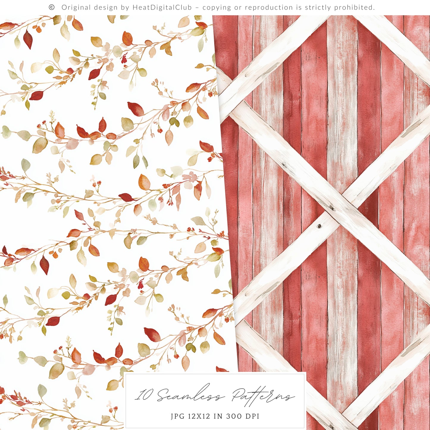 Falling Apples - Seamless Patterns, Cozy Autumn Gingham, Pumpkins | 10 JPEG