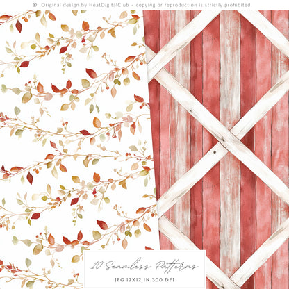 Falling Apples - Seamless Patterns, Cozy Autumn Gingham, Pumpkins | 10 JPEG