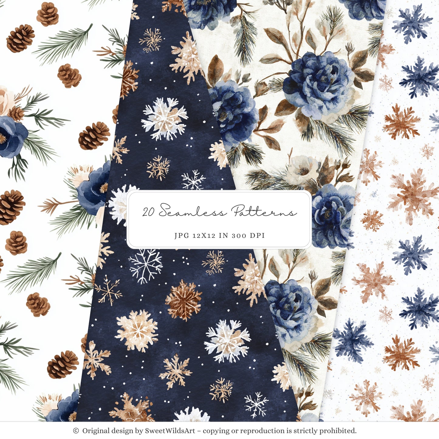 Winter Classics - Seamless Patterns, Blue Brown Tartan, Florals, Woodland, Nursery | 20 PNG