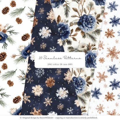 Winter Classics - Seamless Patterns, Blue Brown Tartan, Florals, Woodland, Nursery | 20 PNG