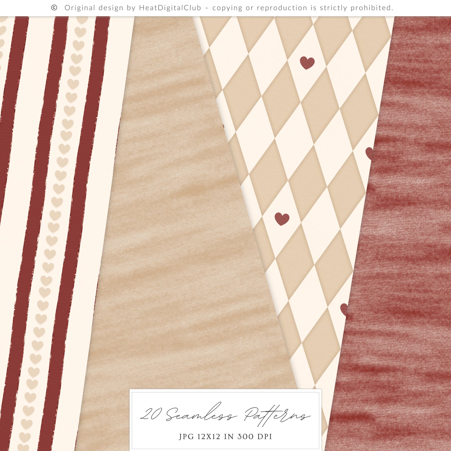 Cherry in Love - Valentine' Day Seamless Patterns, Romantic Love, Hearts Floral, Gingham | 20 JPEG